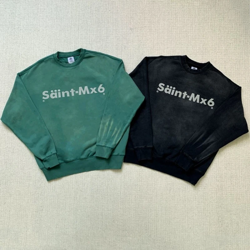 

25SS Saint Michael Letter Printing Sweatshirts Oversized Washed Green Destroy Mens hoodie