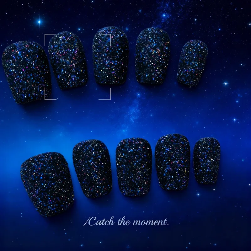 10 قطع اليدوية قصيرة مربع الصحافة على الأظافر الأسود المحبب السكر الاكريليك الأظافر وهمية بريق متجمد الاصطناعي مانيكير الفن كيت