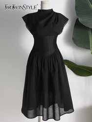 TWOTWINSTYLE vestito sottile arricciato trasparente per le donne girocollo manica corta vita raccolta abiti Midi sottili stile moda femminile nuovo