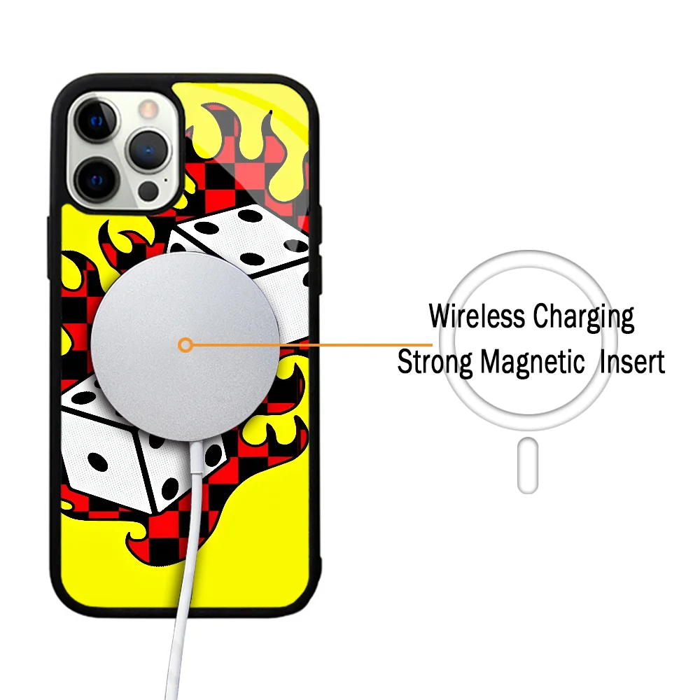 Soft Dice Fire Flame Checkpoint Case For iphone 11 12 13 14 15 Plus Pro Max Mirror Acrylic For Magsafe Wireless Charging