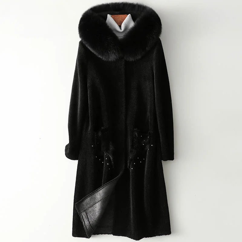 Ayunsue Elegant 100% แกะตัดเสื้อผู้หญิงฤดูหนาว hooded เสื้อขนสัตว์สำหรับผู้หญิง2023 Casual FUR coats ผู้หญิง Fox FUR COLLAR