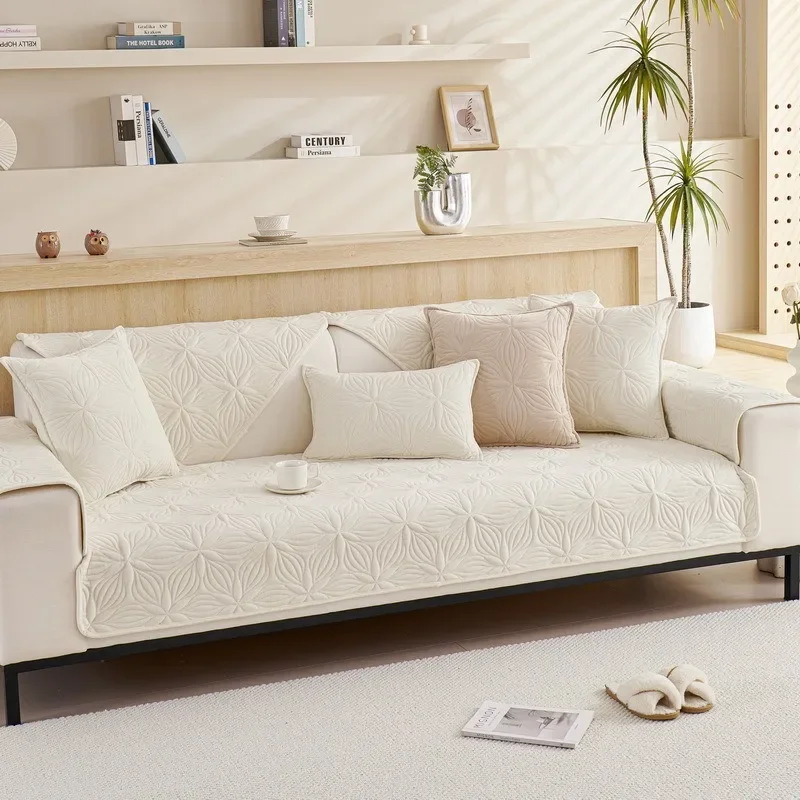 Short Plush Sofa Cover Cream Floral Embossed Non Slip Couch Cushion Protector Soft Warm Slipcover for Living Room Decor