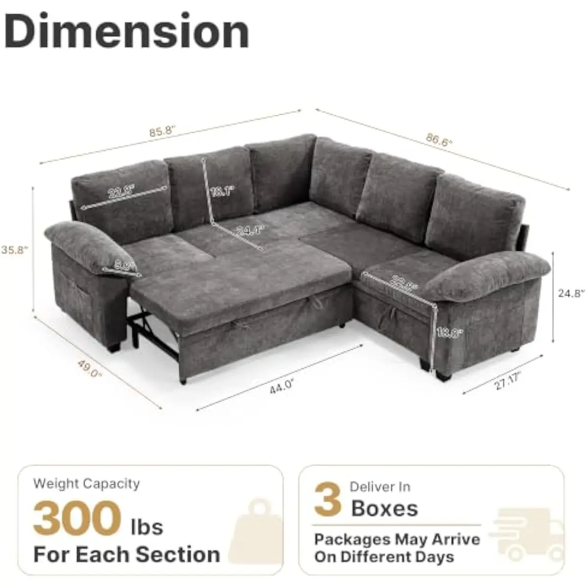 86 inch L shaped modular sectional sofa with pull out sleeper mechanism and concealed storage compartments gray chenille upholst