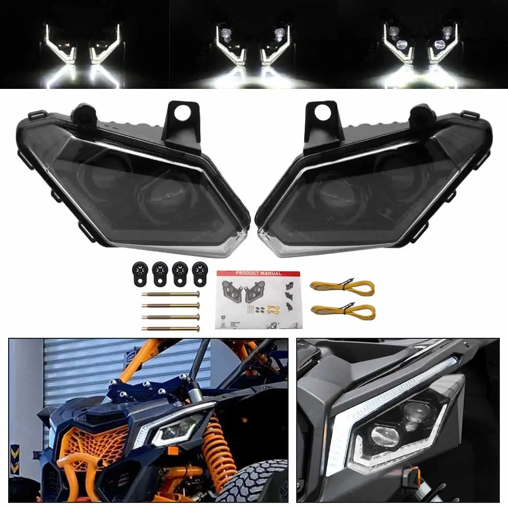 1 Pair Of Led Headlight Led Chips Light With Drl Fits For Can-Am Maverick X3 Max 2017‑2025 Black Aluminum Housing Clear Pc Lens