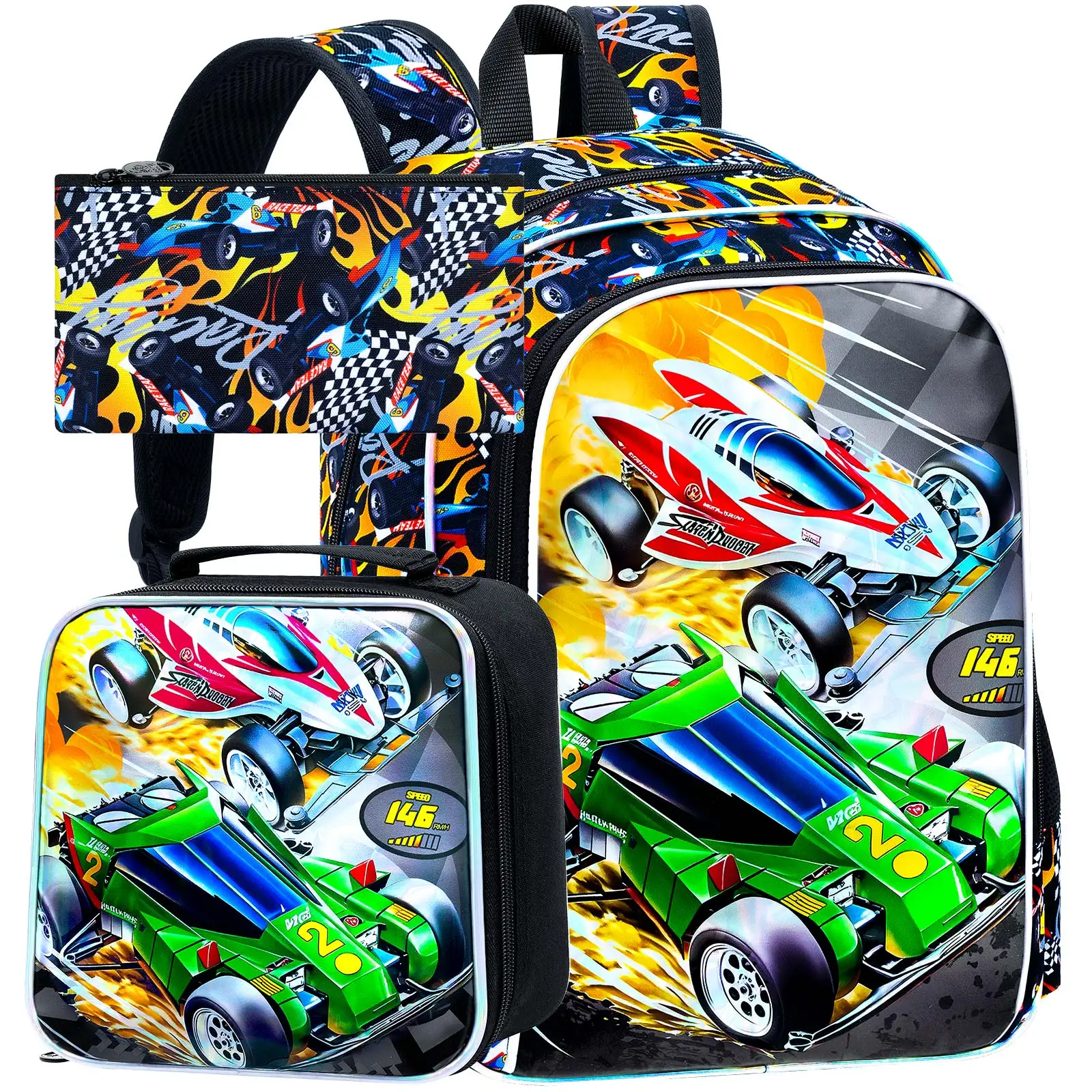3PCS 16in UV Red Green Double Go-Kart Boys Backpack Set, School Backpack with Handbag & Pencil Case