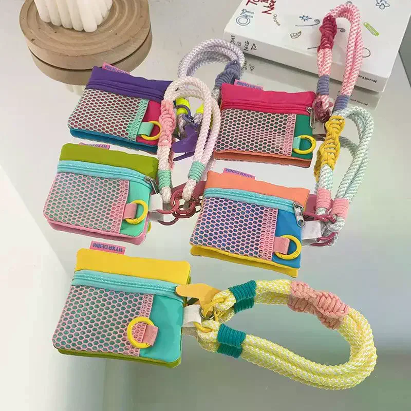 /HTF/1Pcs Portable Dopamine Contrasting Mesh Card Bag Phone Lanyard Wrist Strap Handwoven Change Bag Keychain
