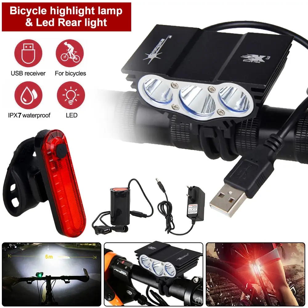 Waterproof 3XLED Front Bicycle Light USB Cycling Headlamp MTB Bike Flashlight with 6400mAh Battery Pack+Charger