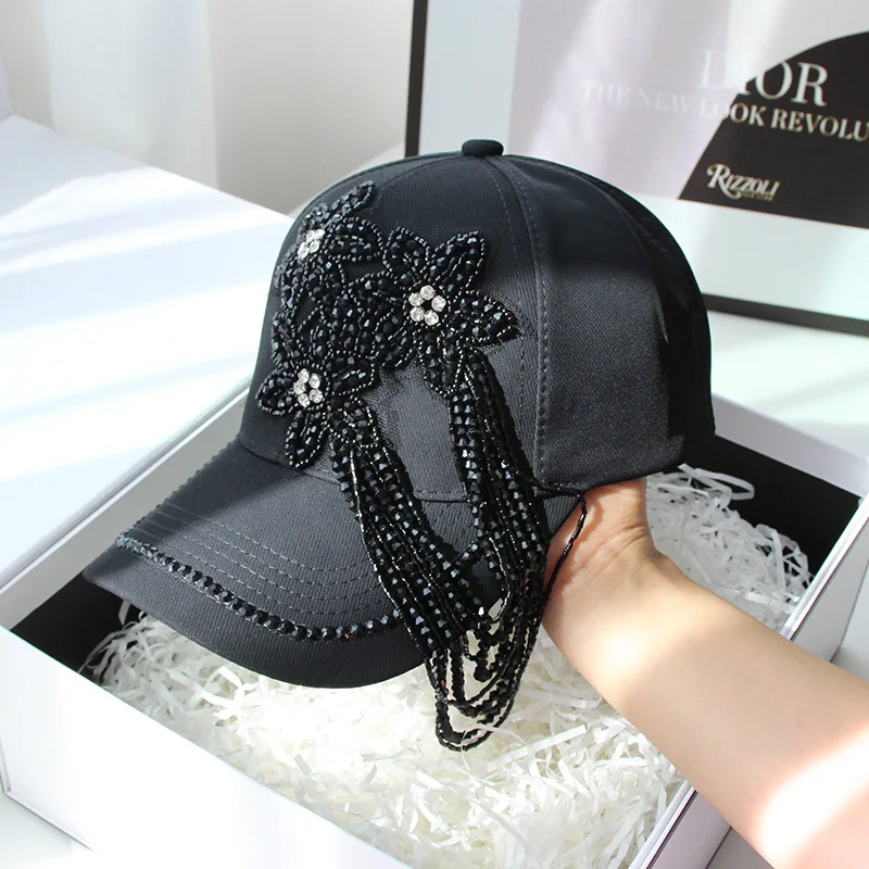 Handmade Rhinestone Beading Flower Tassel Baseball Cap Women Luxury Design Spring Travel Sun Visors Street Female Casquette Cap