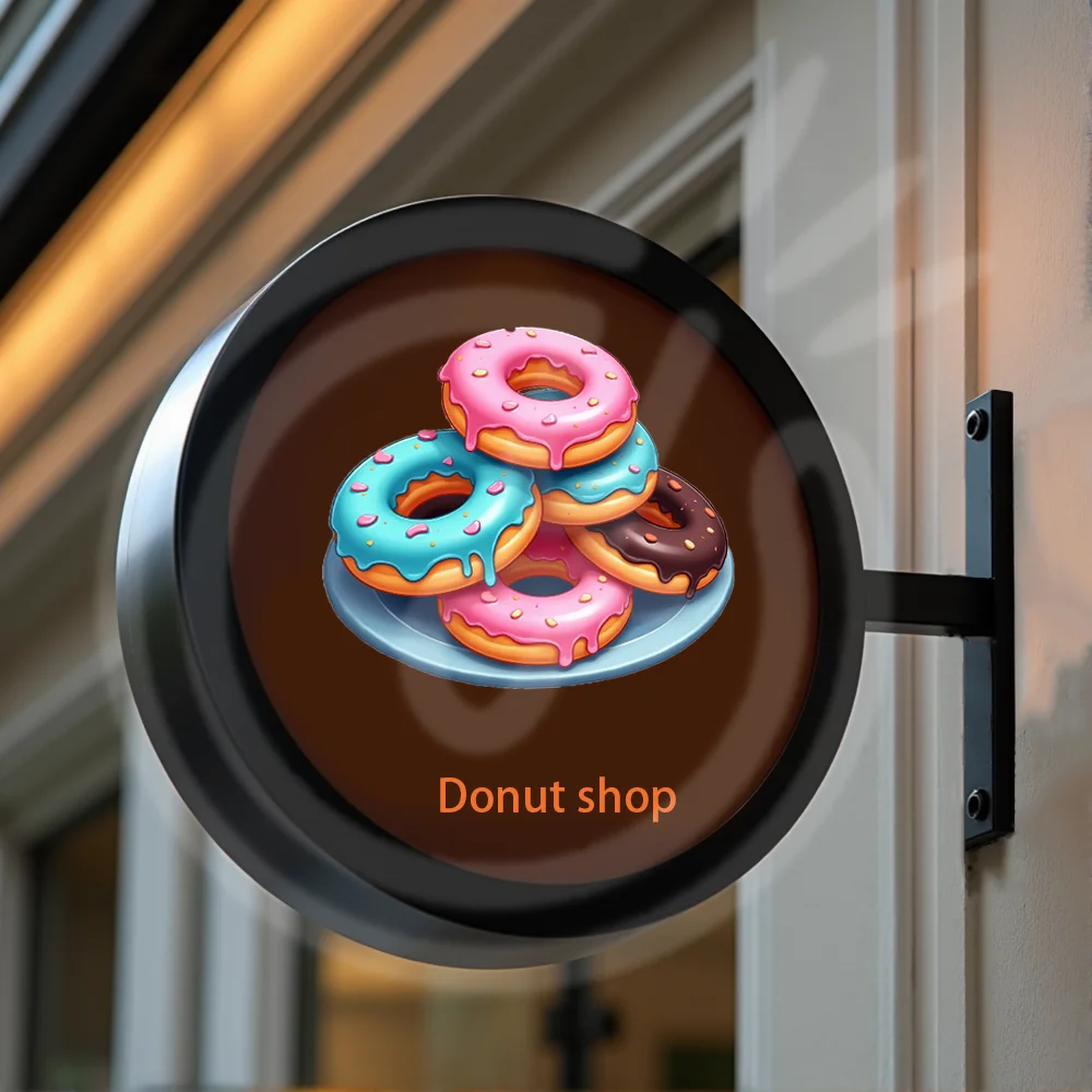 صندوق إضاءة مخصص لمتجر الدونات لواجهة المتجر LED من الأكريليك المستدير مقاوم للماء على الوجهين لافتات الأعمال الخارجية المثبتة على الحائط