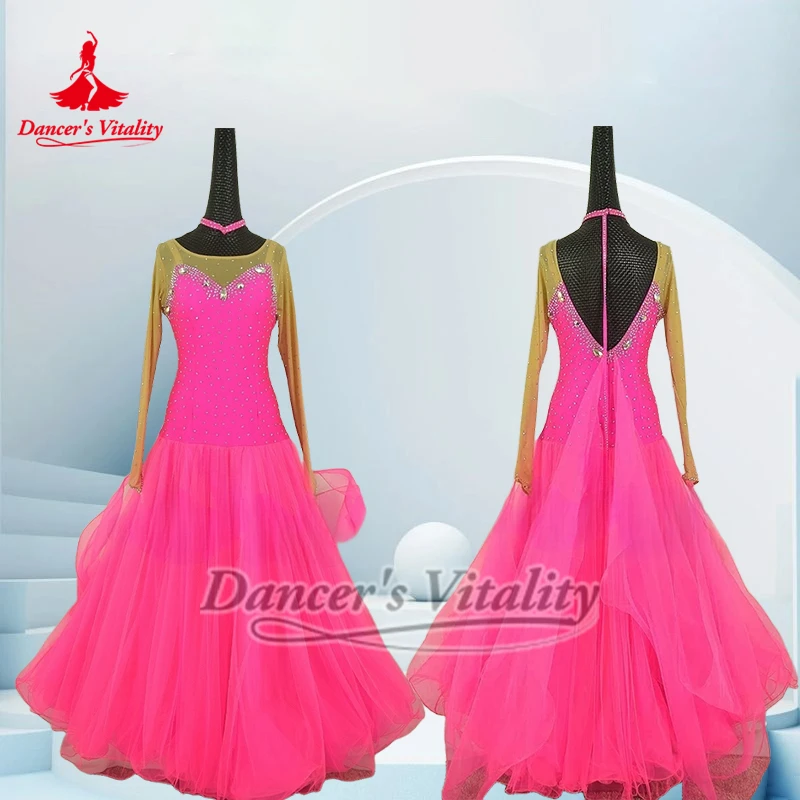 V자형 백 월츠 롱 슬리브 댄스 드레스 맞춤형 성인용 볼룸 메쉬 스플라이싱 대회 및 공연 의상 댄서의 활력