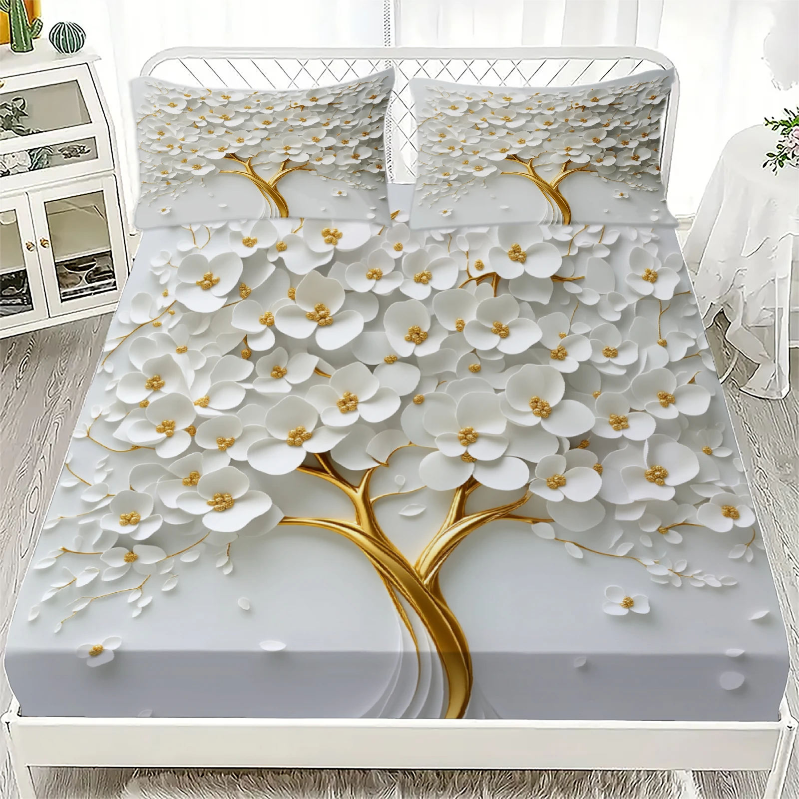 3D Floral Tree Fitted Sheet Set White Gold Flower Pattern Bedding With Pillowcases For Bedroom