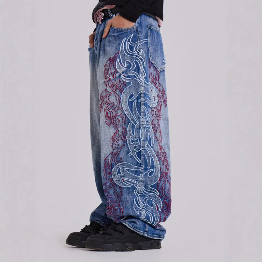 High Street Embroidered Baggy Pants Men Vintage Straight Jeans Women Unisex Wide Leg Denim Pants Fashion Men Y2k Pants