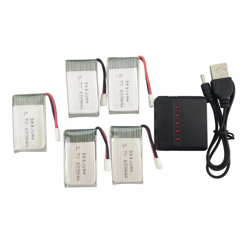 5PCS 3.7V 600mah Lithium Battery with 5-in-1 Balance Charger for MJX X708 X708W UDI U45 U45W U42 U42W Quadcopter