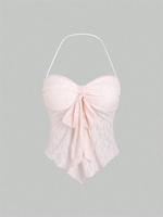 Bow knot Lace Halter Top for Women Summer Sexy Floral Pattern Off the Shoulder Backless V-neck Crop Top Y2K Clothes