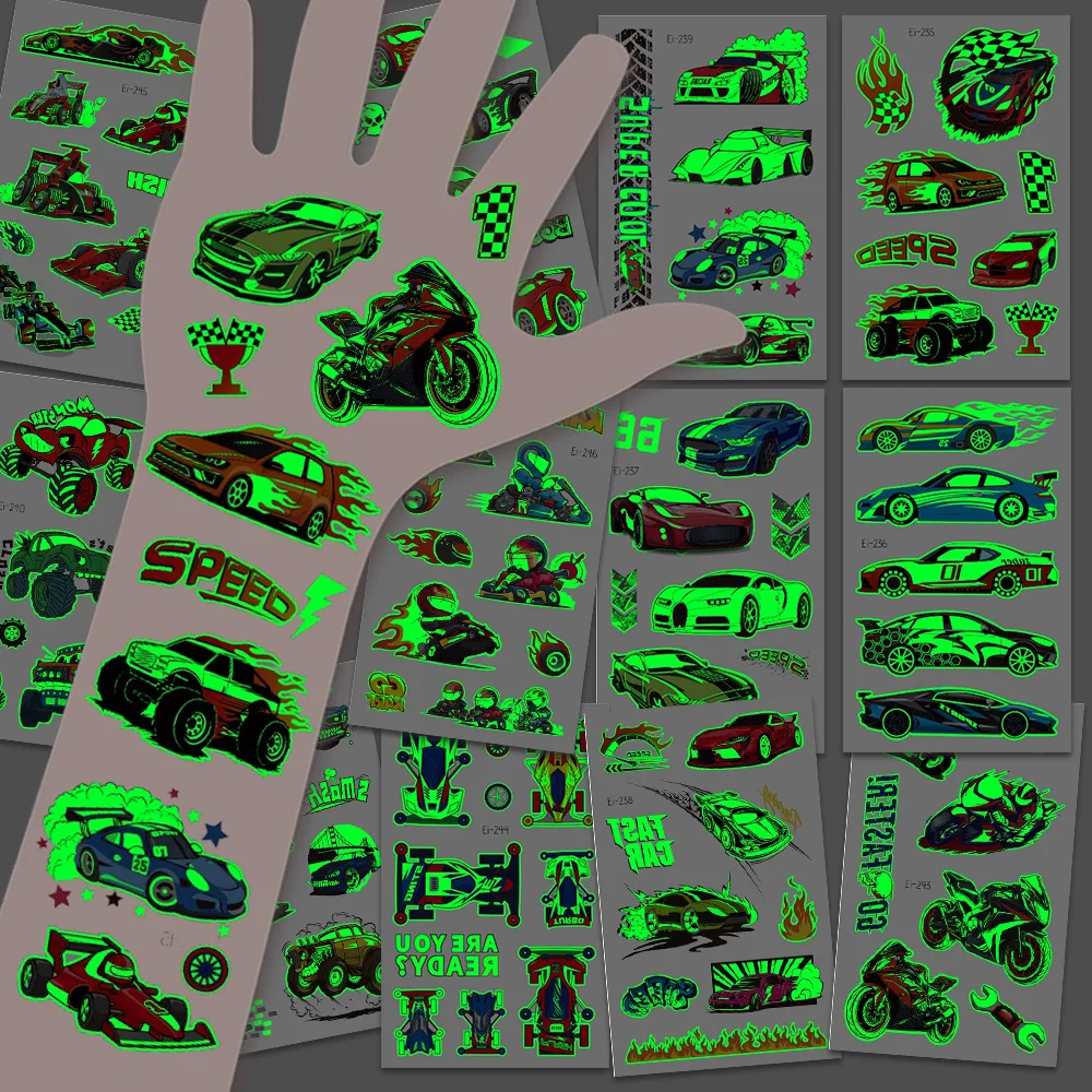 12 feuilles lumineuses voitures de course motos autocollants de tatouage temporaire, brillent dans la nuit Cool motos course compétition Patter
