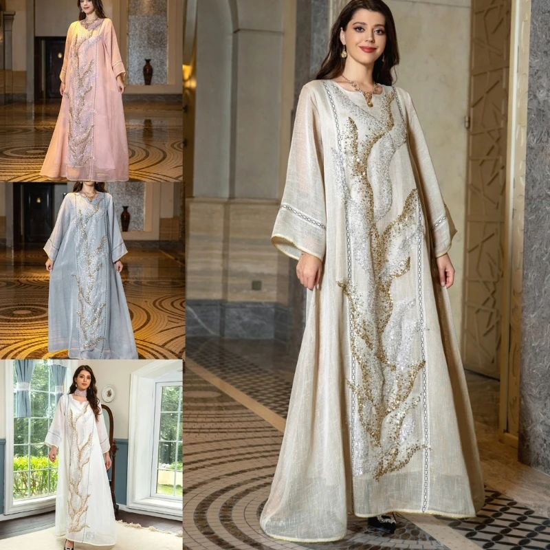 

Women Kaftans Abayas Dress Applique Embroidery Long Sleeve Dress Kaftan Abayas Women Dress