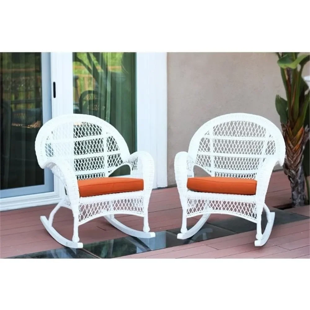 Wicker Rocker Chair with Orange Cushion, Set of 2|