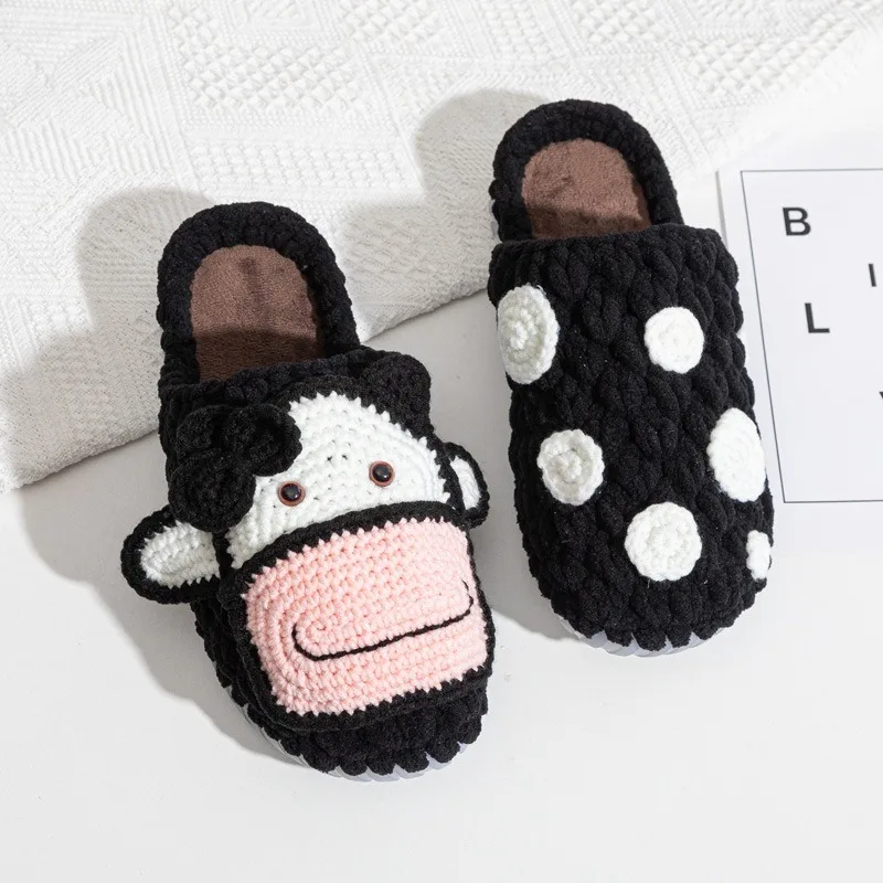 Weaving Handmade Slippers, Non Finished, DIY Slipper Material Wool Yarn, Couples Crochet Set Kit,Couple Cartoon Cow Cotton Shoes