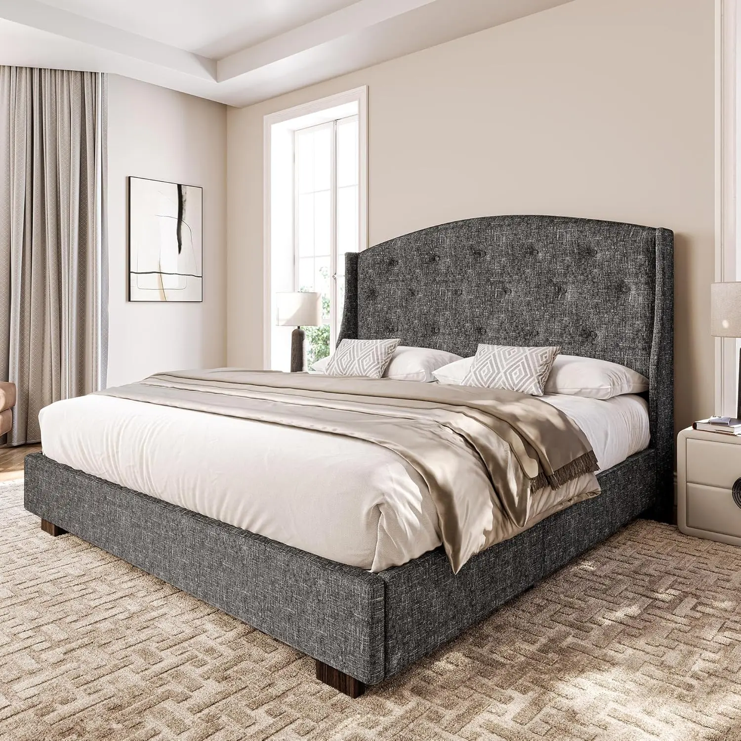 

King Size Bed Frame with Storage Drawers, Upholstered Wingback, Platform Bed Frame with Diamond Button Tufted Headboard