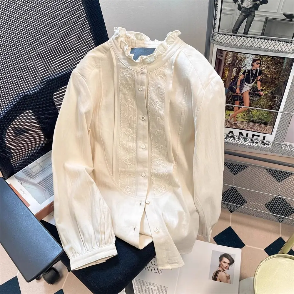 

Luxury Embroidery Ruffle Long Sleeve White Shirts Womens Tops Design Office Lady Blouse Vintage Single Breasted Shirt New Chic