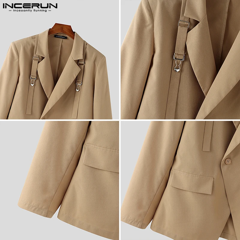 INCERUN Tops 2025 American Style Fashion Men Deconstruct Metal Buckle Suit Coat Casual Streetwear Male Solid Long Sleeved Blazer