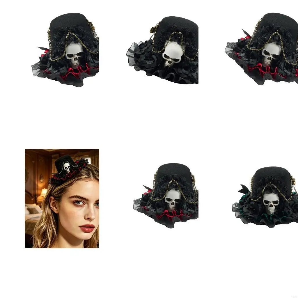Gothic Sweet Hair Clip Barrette With Skull Charm And Lace Trim For Women Girls Y08E
