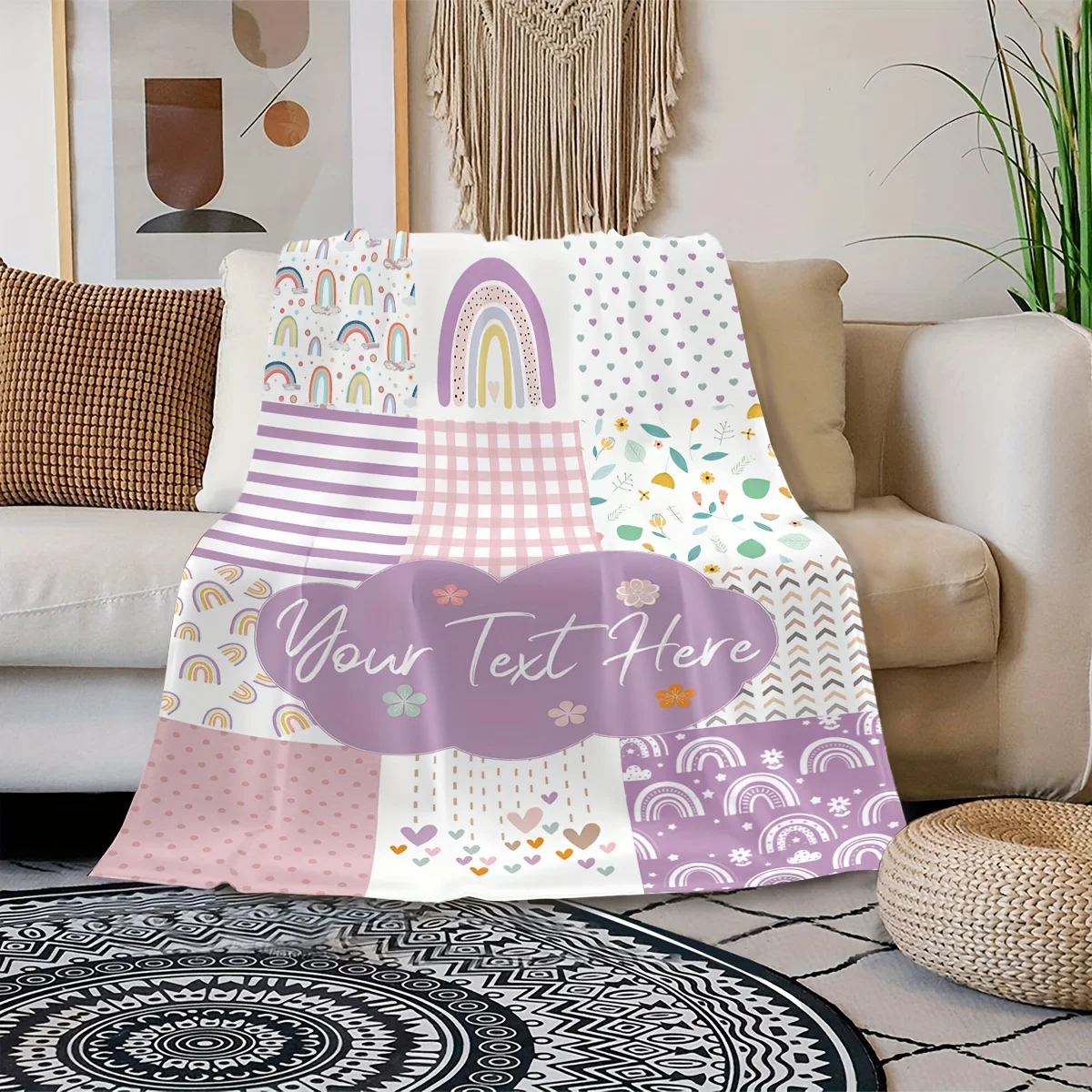 Customized Name Blanket Personalized Bohemian Rainbow Flannel Cover Blanket, Soft and Machine Washable, Suitable for Sofa