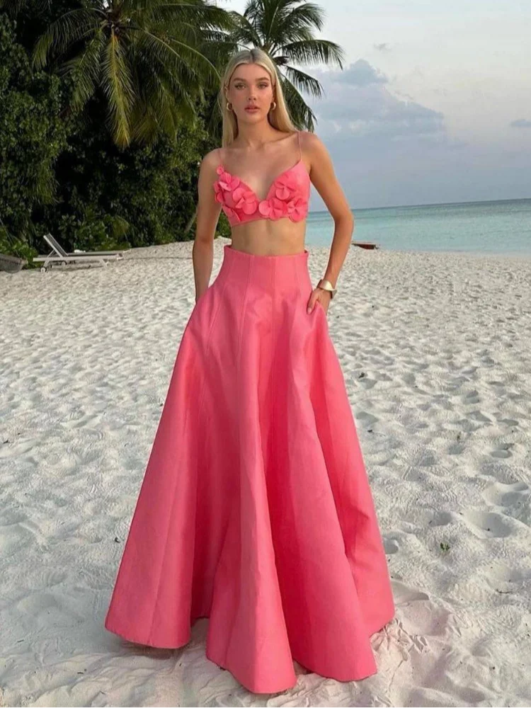 Women Sexy Pink 3d Flower Sling Top Long Skirt Suits Elegant V Neck Cropped Vest Loose A Line Skirts Set Summer Chic Lady Outfit