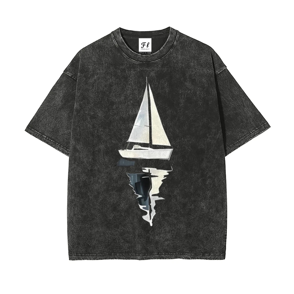 เสื้อยืดลายเรือใบสะท้อนแสงผ้าซักย้อนยุคฤดูร้อนลำลองหลวมแขนสั้นกราฟิกทะเลสงบเสื้อผ้าแฟชั่นยอดนิยม