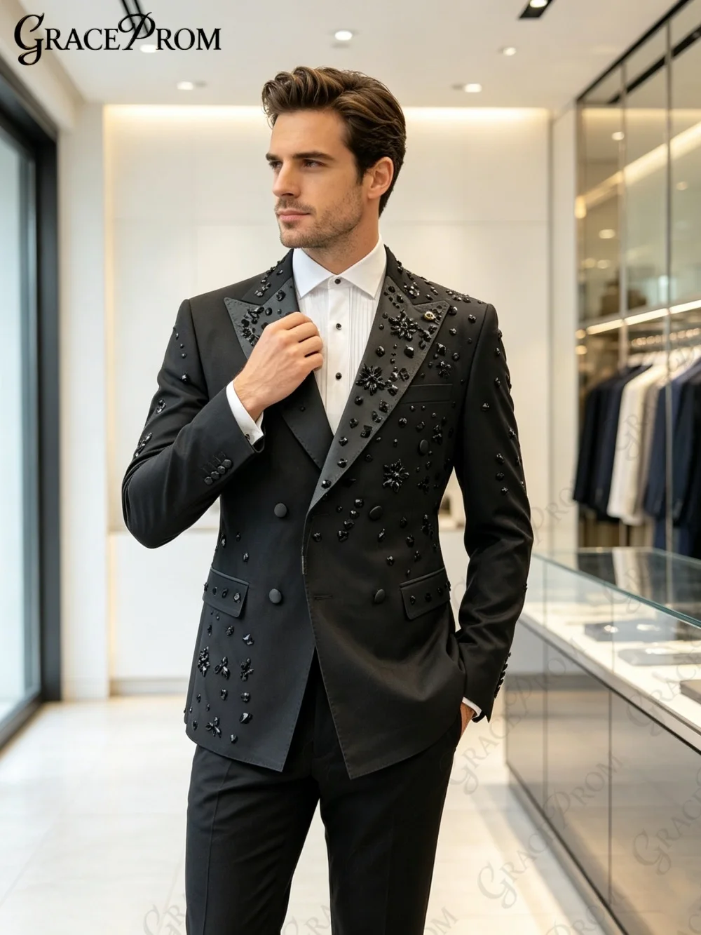 

Элегантный черный мужской костюм с двубортным пиджаком и шалевым воротником, модель 2026 года, для торжественных мероприятий, свадеб, выпускных вечеров, деловых встреч, комплект из пиджака и брюк