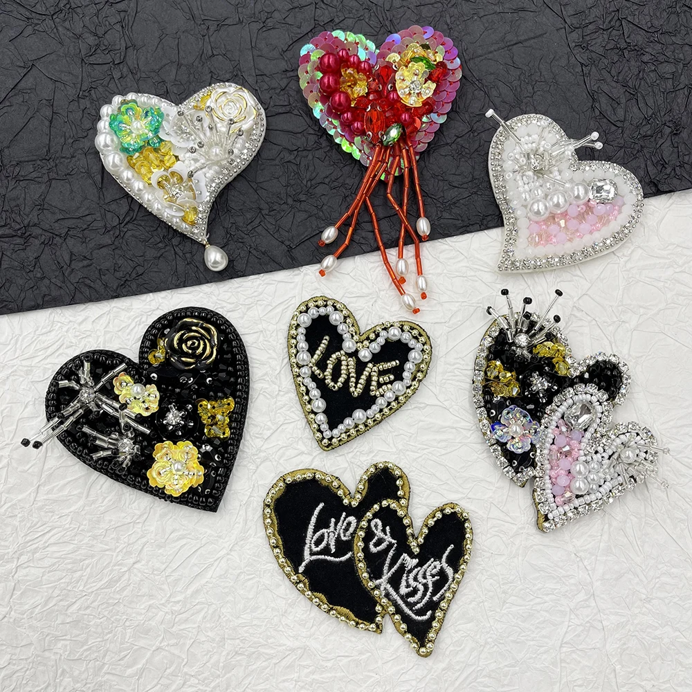 Handmade Beading 3D Rhinestone Heart-shaped tassel clothing patch,Sewing Supplies, Cute Patches, Love Medal, Fabric Accessories