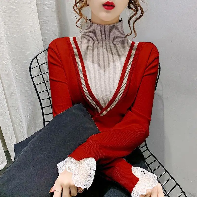Autumn Winter New Lace Patchwork Bottoming Shirt Fake Two Piece Slim Contrast Knitting Pullovers Vintage Fashion Women Clothing