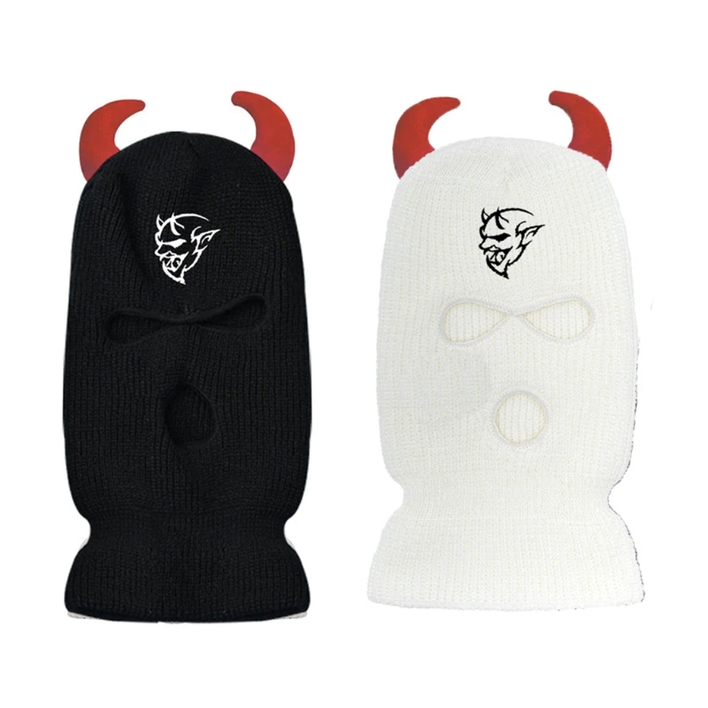 Novelty Knit 3 Hole Mask Horns & Devil Full Face Cover Winter Balaclava for Outdoor Cold Weather Skiing Hiking Cycling