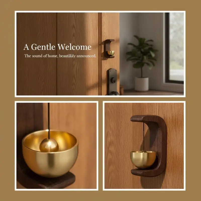 Wooden Magnetic Doorbell Vintage Brass Chime Natural Wood Frame Entry Alert for Country Cottage Front Door