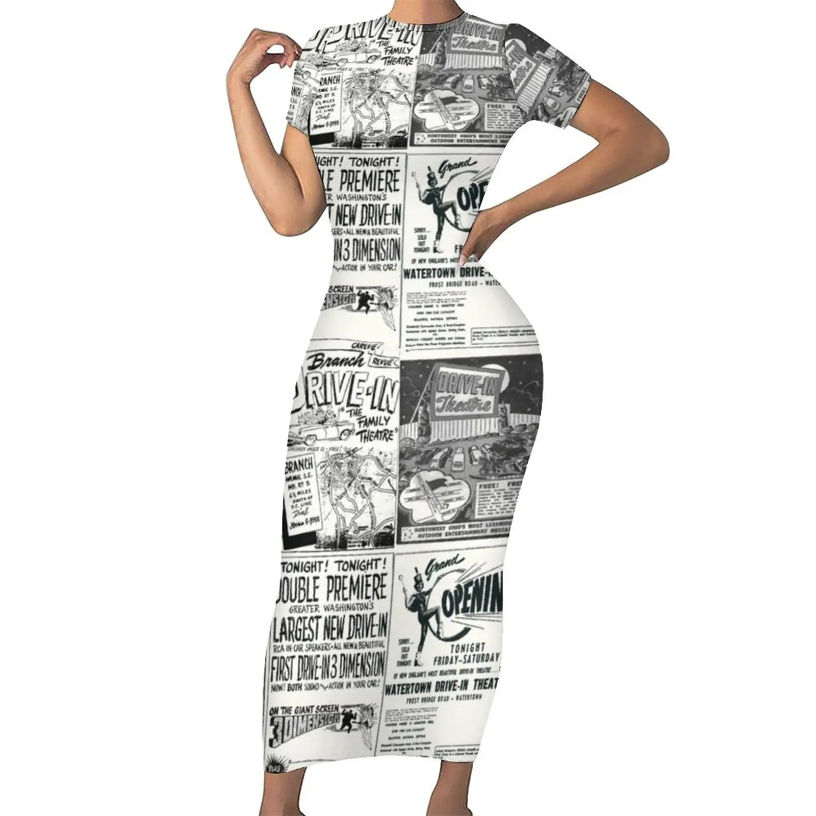 

Newspaper Adverts Dress Short Sleeve Movie Flyers Club Maxi Dresses Holiday Korean Fashion Printed Bodycon Dress Large Size