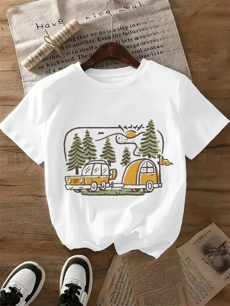 

Printed Summer New Camper Van Pattern Forest Road Printed Top Casual Round Neck Women's Fashion Short Sleeve Cartoon T-Shirt
