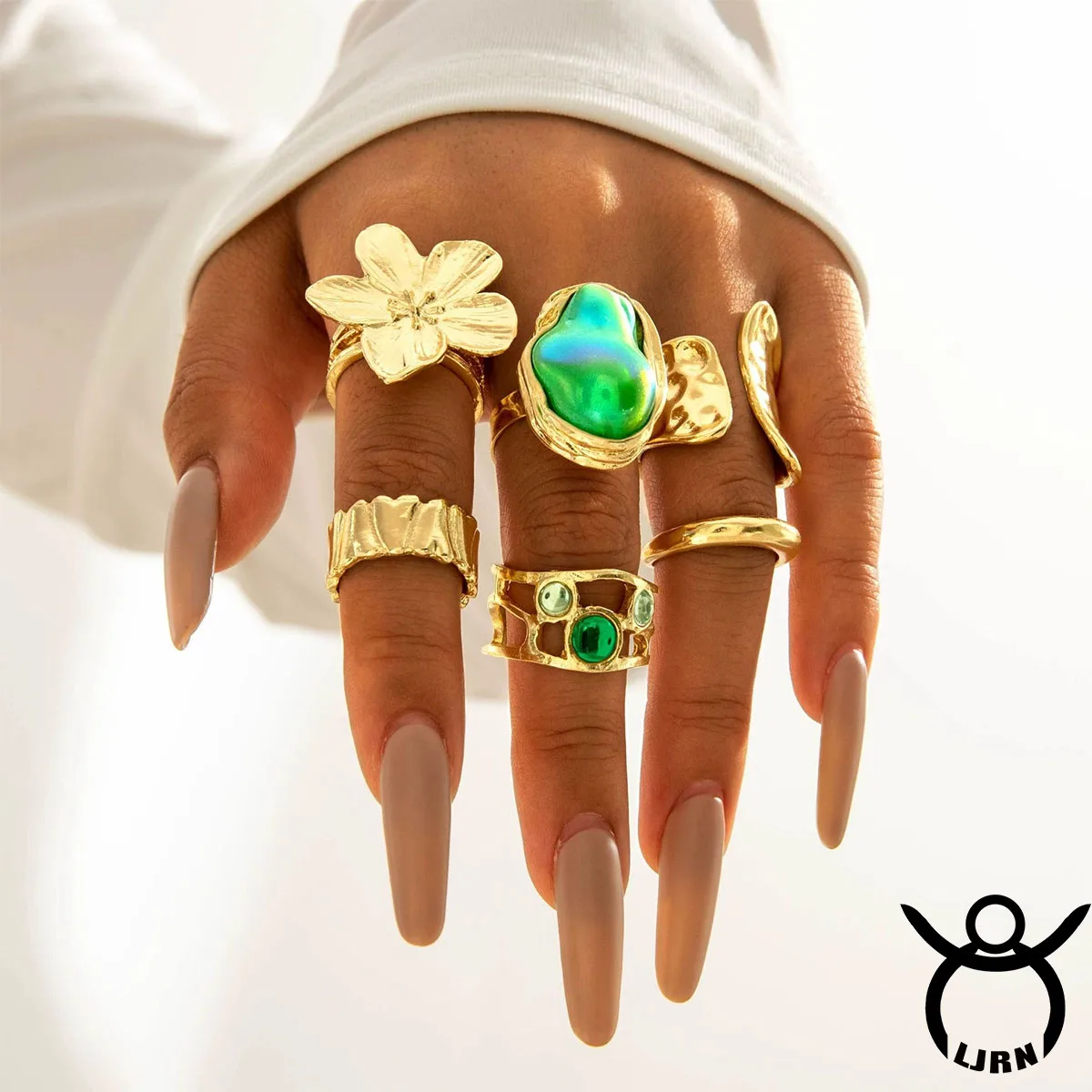 

Набор колец, винтажное золотого цвета, геометрический красочный жемчужный цветок, металлическое кольцо на палец, 6 шт./компл., модные украшения для женщин, новые аксессуары