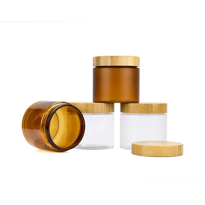 100 * 500g Empty Clear Frosted Amber Plastic Jar with Eco-friendly Bamboo Lid Cosmetic Body Scrub Hair Cream PET Cans Containers