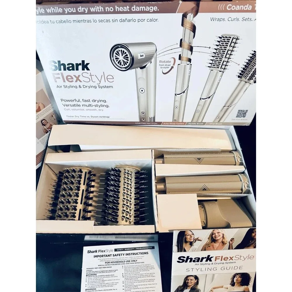 مجفف شعر Shark HD430 FlexStyle بالأيونات السالبة وغلاف مصفف الهواء، فرشاة Airwrap 5 في 1 وأداة تجعيد الشعر المتعددة مع أدوات تجعيد الشعر التلقائي