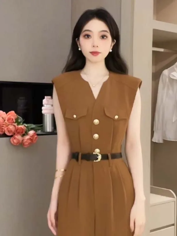 

Fashionable Slimming High-Waisted One-Piece Summer 2025 Belted Wide Leg Pants Polyester Fiber High Waist Long Pants