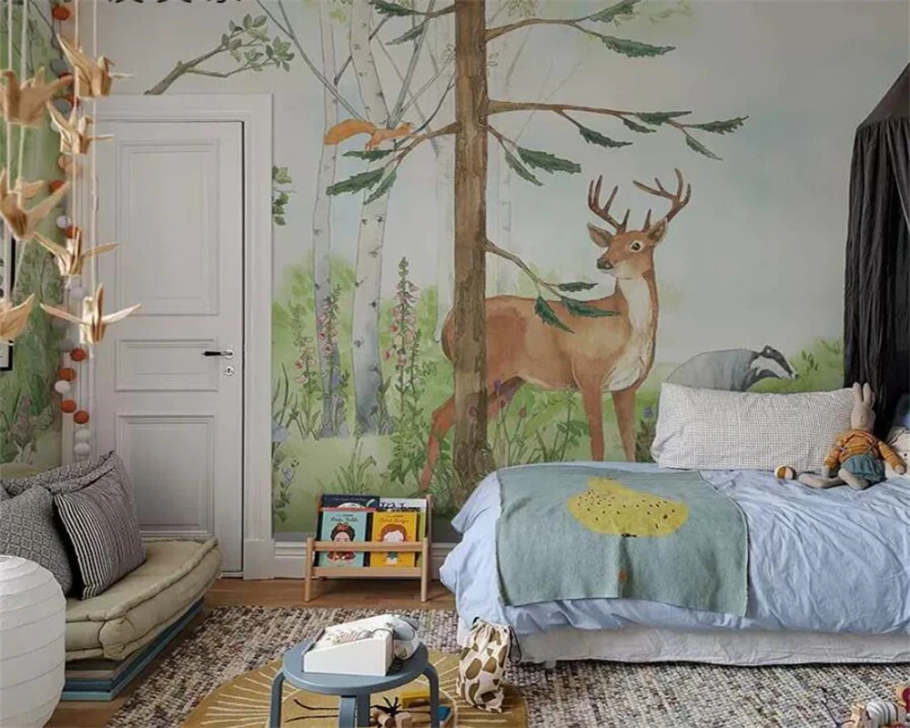 beibehang papel de parede Customized Nordic watercolor elk children's room animal forest bedroom background wallpaper