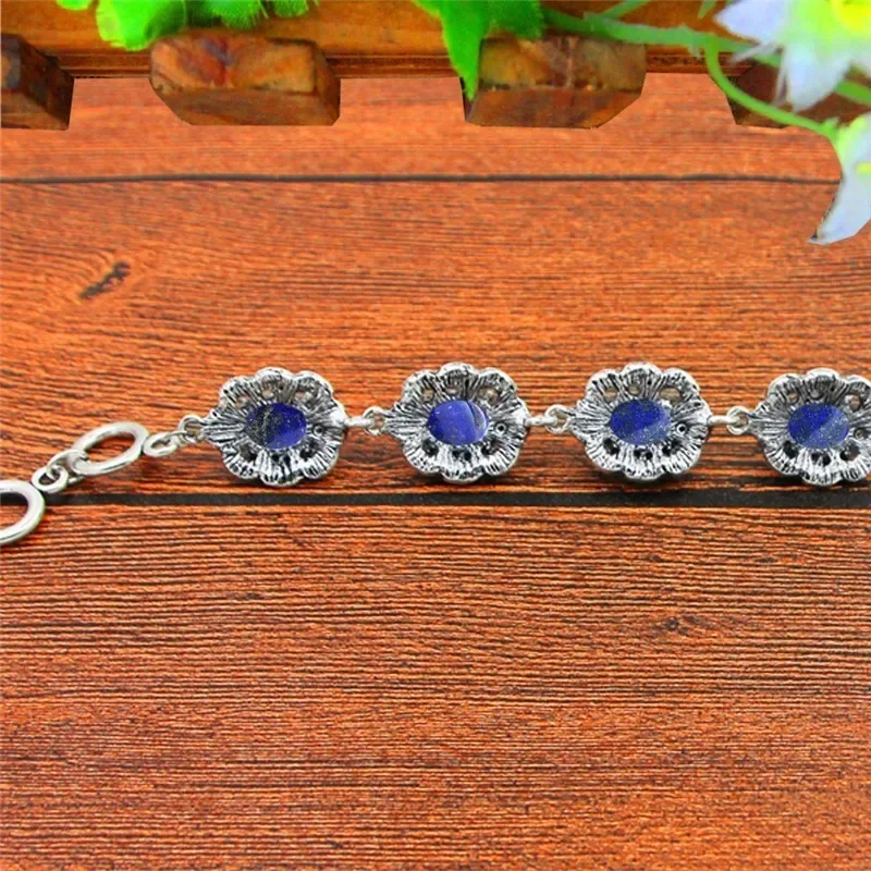 Oval Lapis Lazuli Stone Bracelet Plum Flower Design Vintage Look Antique Silver Plated  Fashion Jewelry TB341