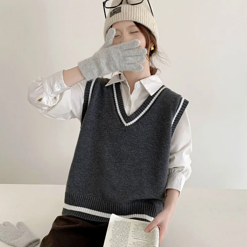 Women Preppy Style V Neck Striped Trim Knit Vest Spring Autumn Winter Loose Sleeveless Sweater Casual Waistcoat