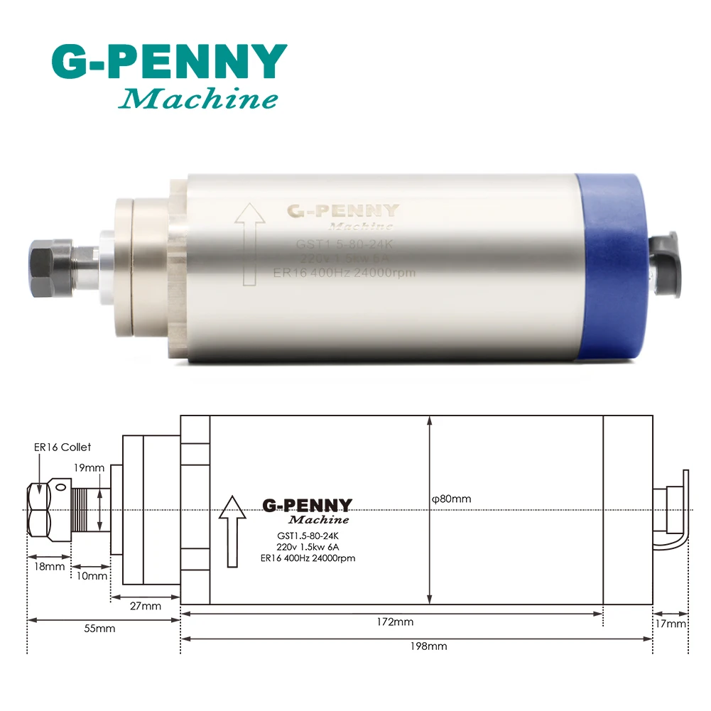 G-PENNY 220V 1.5KW ER16 CNC Air Cooled Spindle Motor 80mm Air Cooling 4Bearings CNC& 220v 1.5kw VFD inverter & 80mm bracket