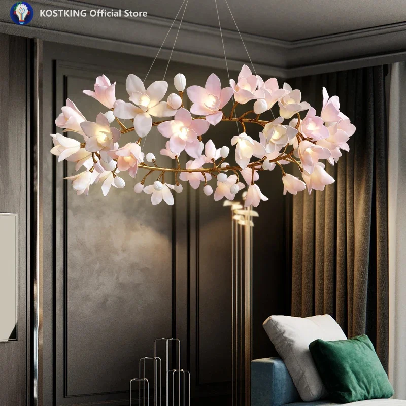 2026 Modern Copper Magnolia flower chandelier pendant light luxury bedoom lights living room dining room art pendant lamps