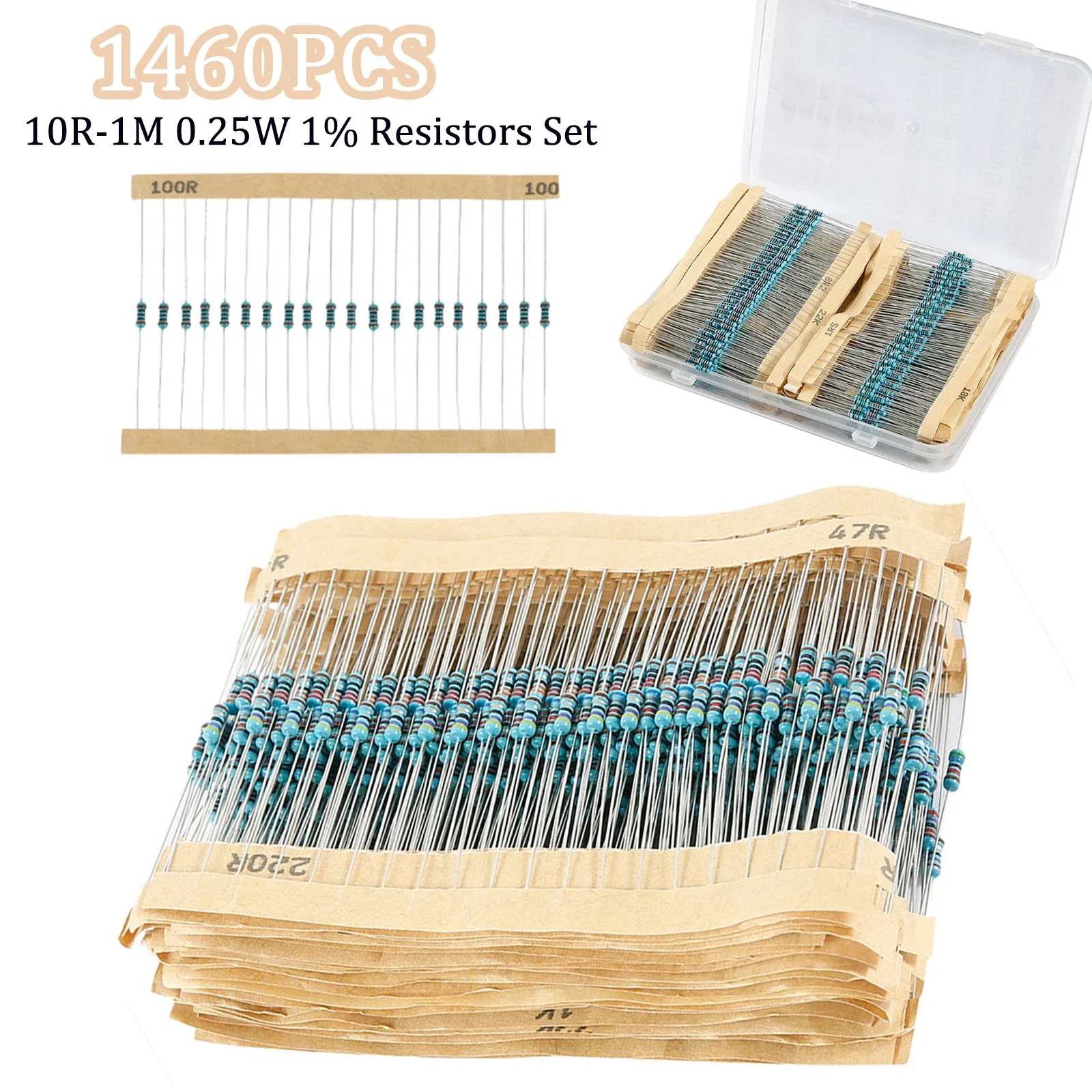 

1460 Pcs 1/4W 1% Metal Film Resistors 73 Types 1R-1M Assortment Kit Ring Resistance (10 -1M ohm) Circuits Electronic Components