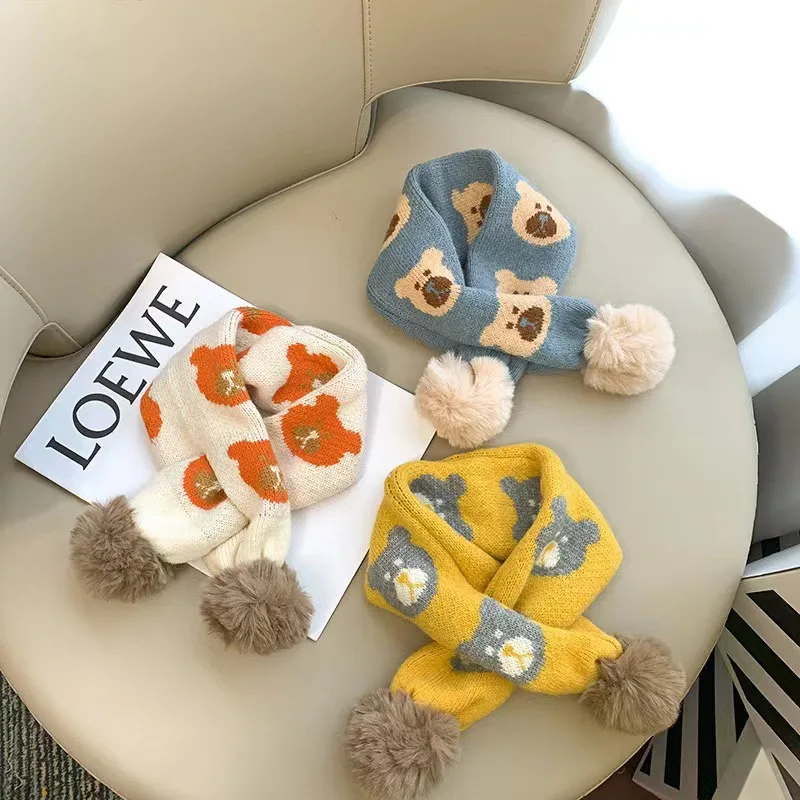 Winter Kids Knit Scarf Cute Cartoon Bear Boy Girl Thicken Warm Woolen Neckerchief Outdoor Anti-Cold 2-6 Years Kids Pompom Scarf