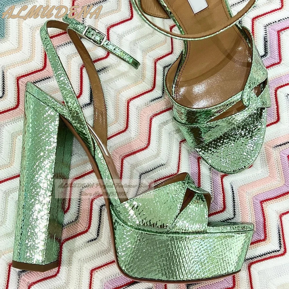 

ALMUDENA Snakeskin Chunky Heel Sandals Open Toe High Platform Dress Shoes Slingback Strasp Buckle Pumps Pink Gold Python Heels