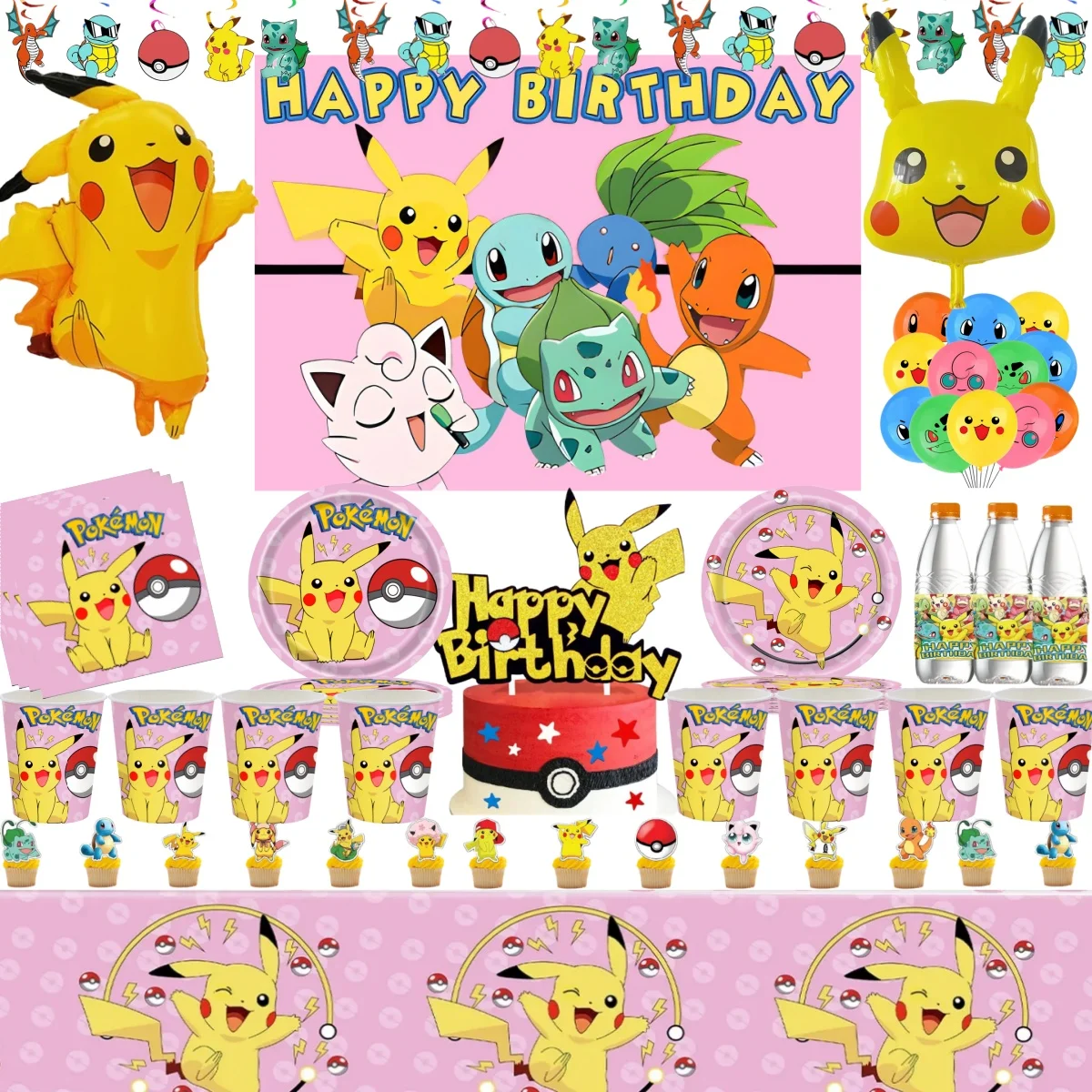 Pink Pokemon Birthday Party Decoration Pikachu Disposable Tableware Plate Tablecloth Balloons Baby Shower Kids Party Supplies