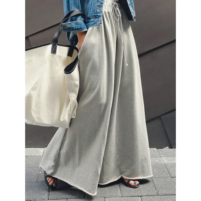 Freeacy 2024 Spring Summer Elastic Waist Lace-up Loose Wide Leg Pants Stylish Solid Color Casual Bottoms Streetwears For Women